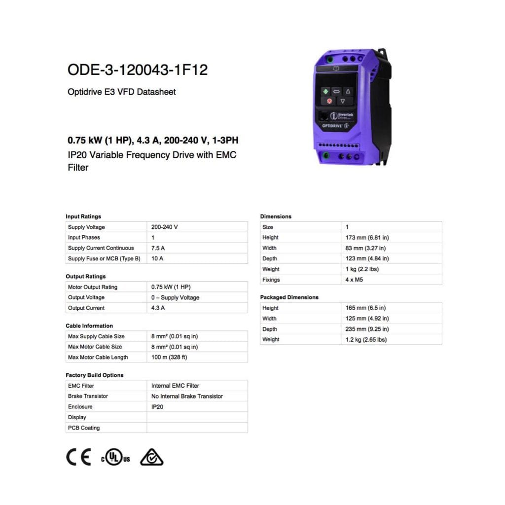 ODE-3-120043-1F12 - 1HP, 4.3A, 200V-240V, Single Phase – VFDexchange