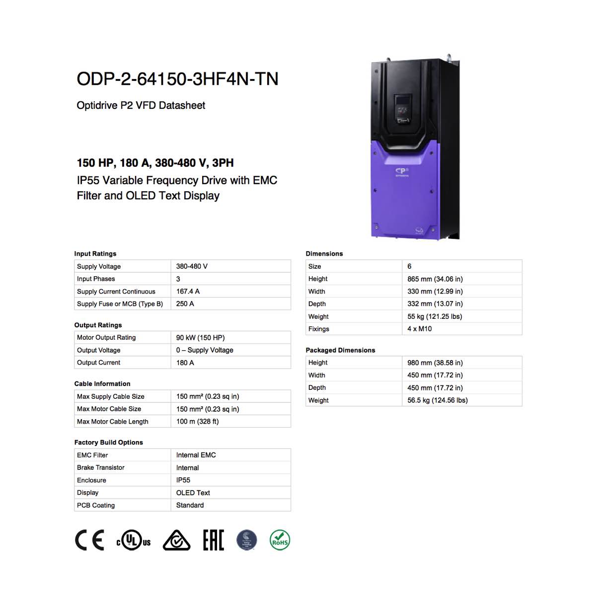 ODP-2-64150-3HF4N-TN – 150HP, 180A, 380V - 480V, Three Phase