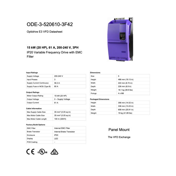 ODE-3-520610-3F42 - 20HP, 61.0A, 200V-240V, Three Phase - Image 8