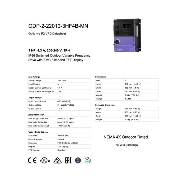 ODP-2-22010-3HF4B-MN – 1.0HP, 4.3A, 200V - 240V, Three Phase - Image 8