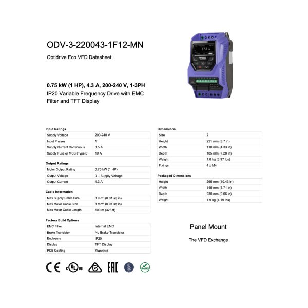 ODV-3-220043-1F12-MN – 1HP, 4.3A, 200V - 240V, Single Phase - Image 8