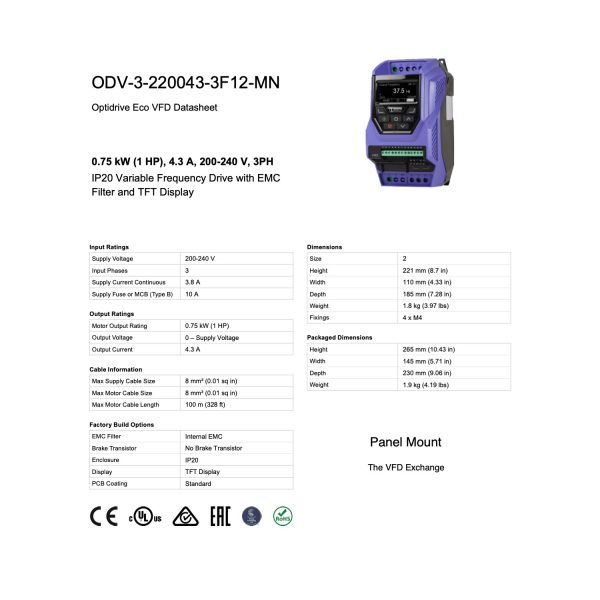 ODV-3-220043-3F12-MN – 1HP, 4.3A, 200V - 240V, Three Phase - Image 8
