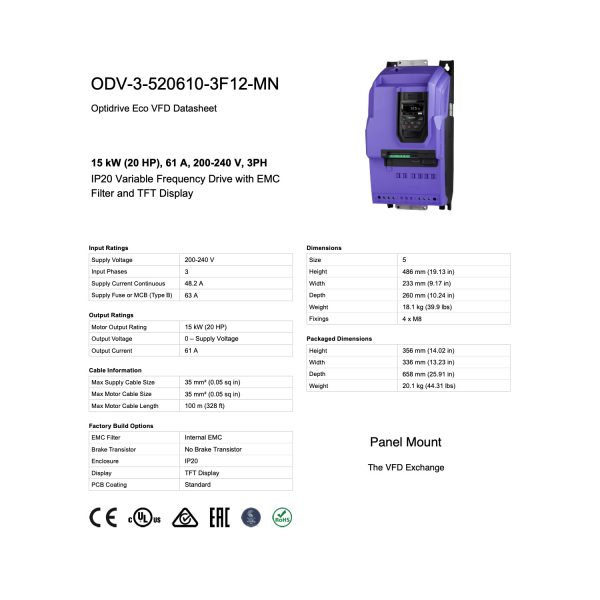 ODV-3-520610-3F12-MN – 20HP, 61A, 200V - 240V, Three Phase - Image 8